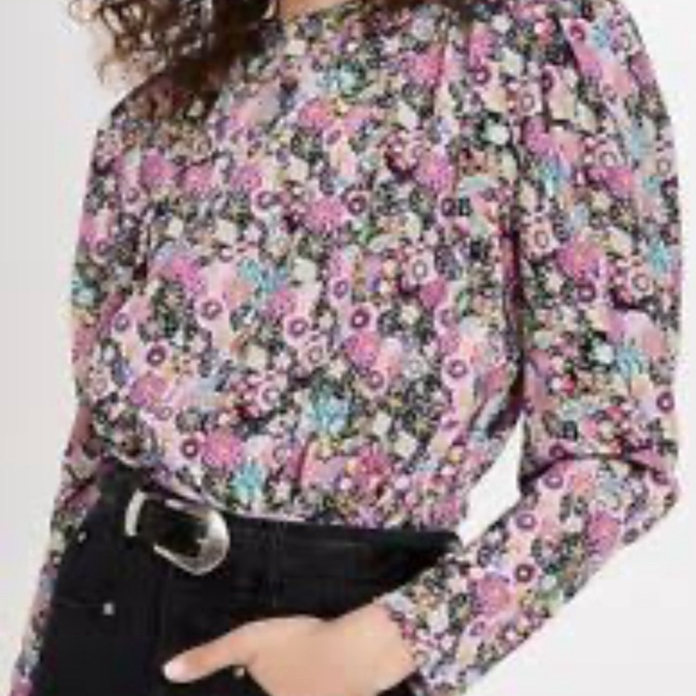 Isabel Marant Pink and Green Puff Sleeve Ruffled Blouse